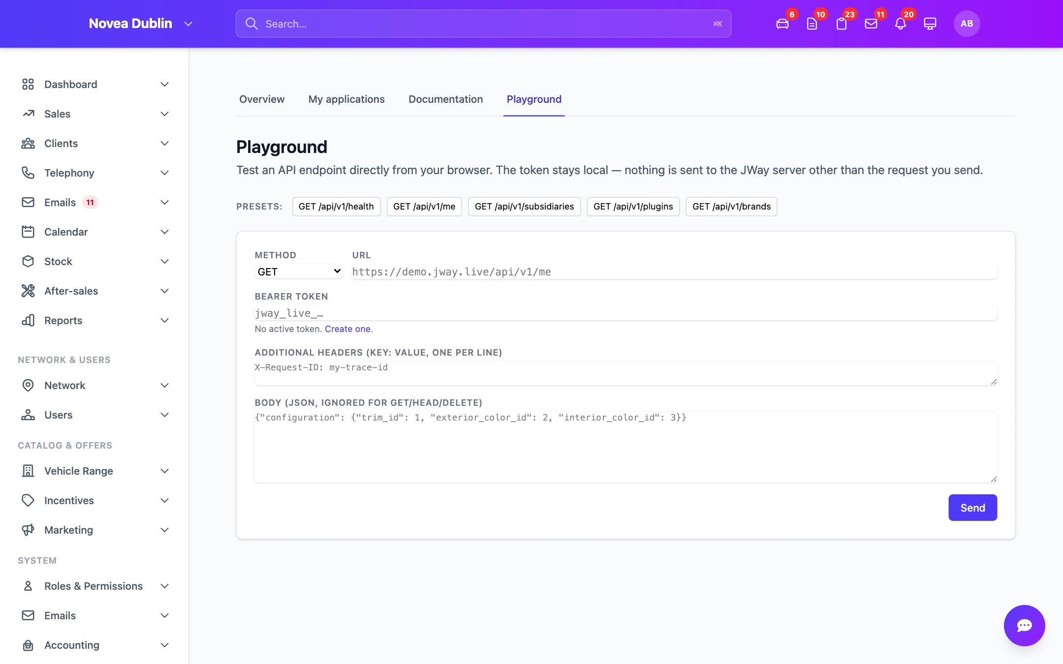 The developer playground, where a call is tried.