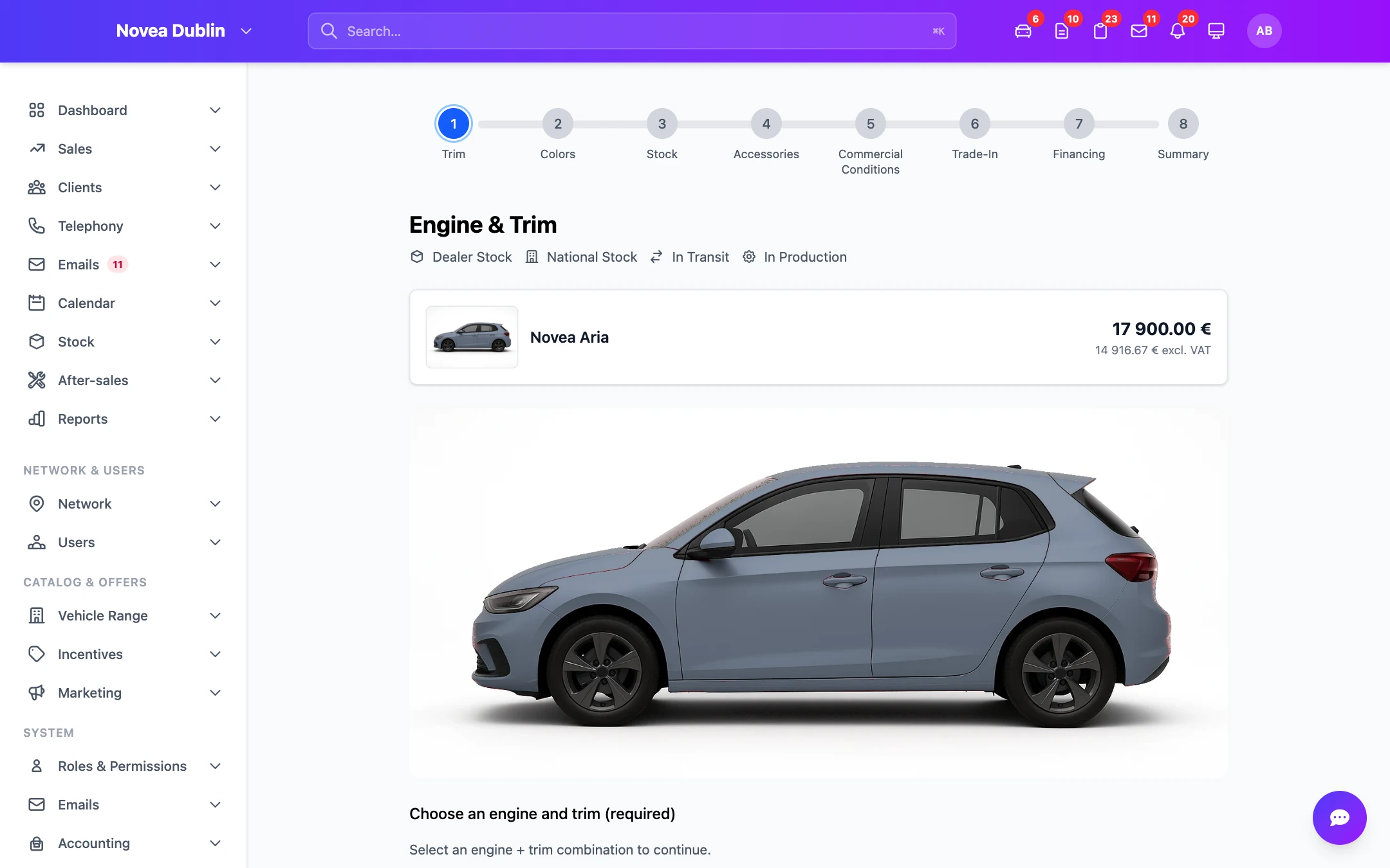 Step 1 — powertrain and trim, with the price following every choice.