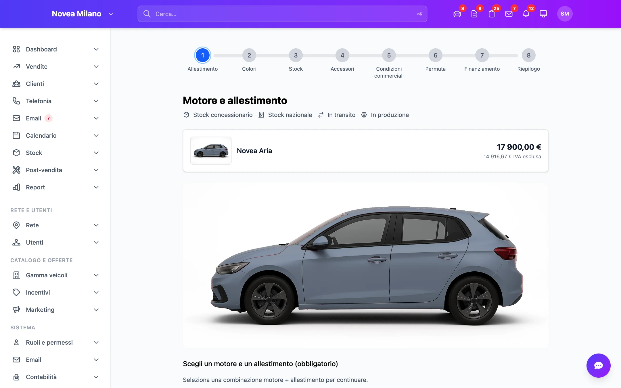 Passo 1 — motorizzazione e allestimento, con il prezzo che segue ogni scelta.