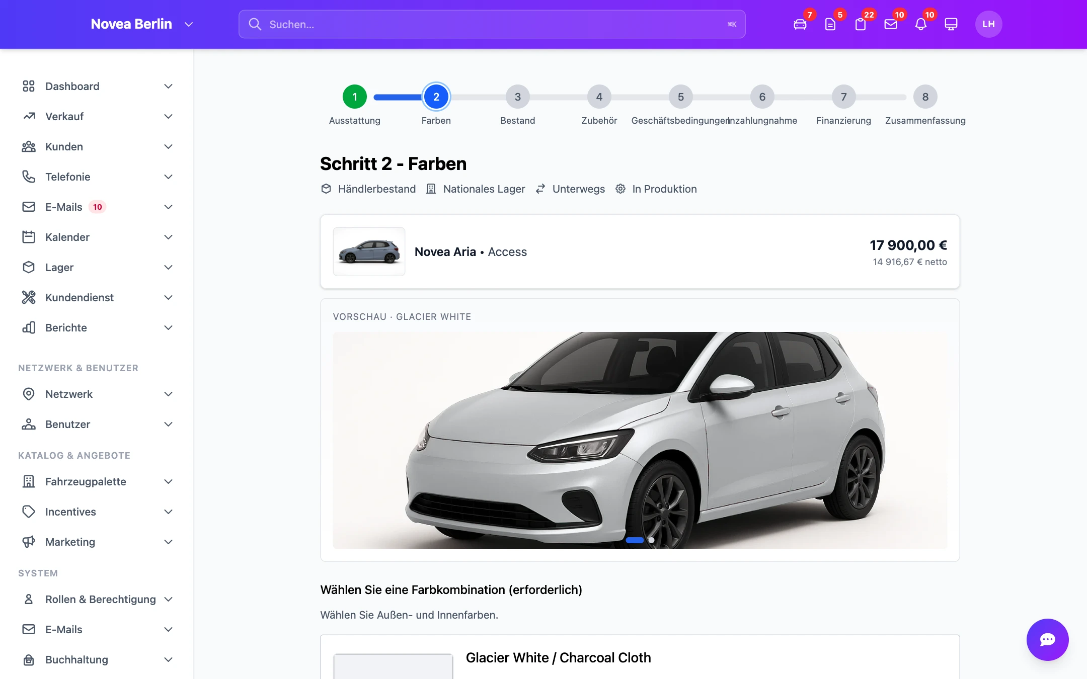Schritt 2 — die Farben, mit live angezeigtem Aufpreis.
