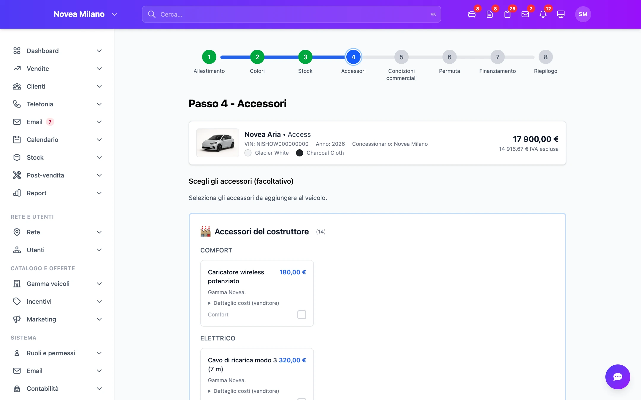 Passo 4 — gli accessori applicabili al modello.