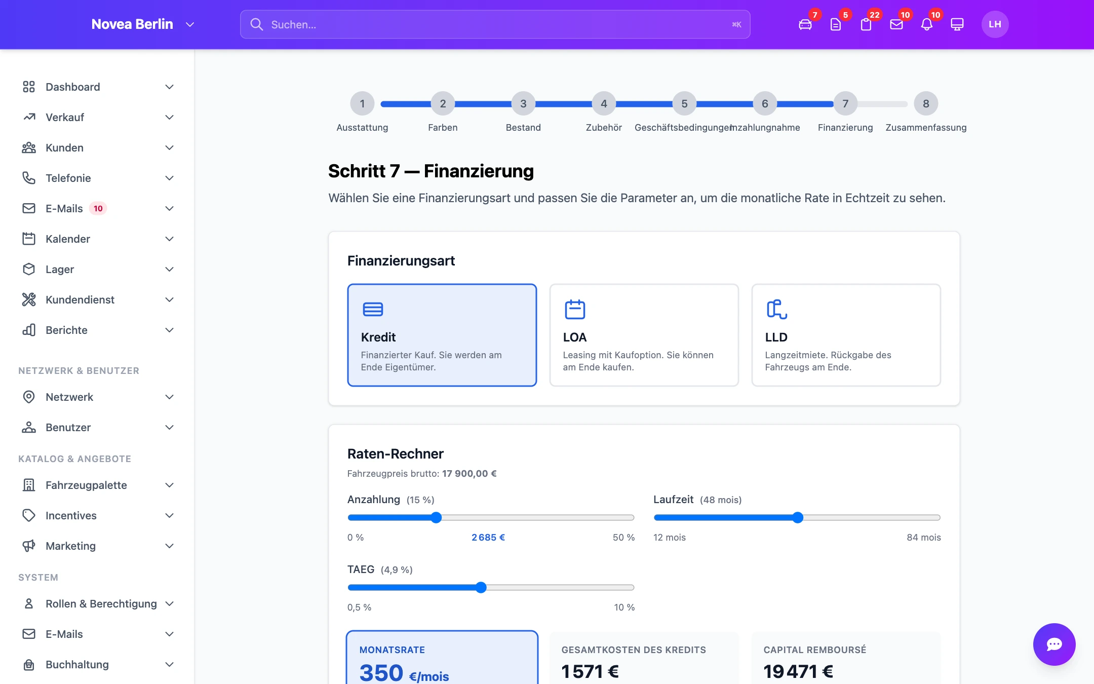 Schritt 7 — die Finanzierung, Rate in Echtzeit berechnet.