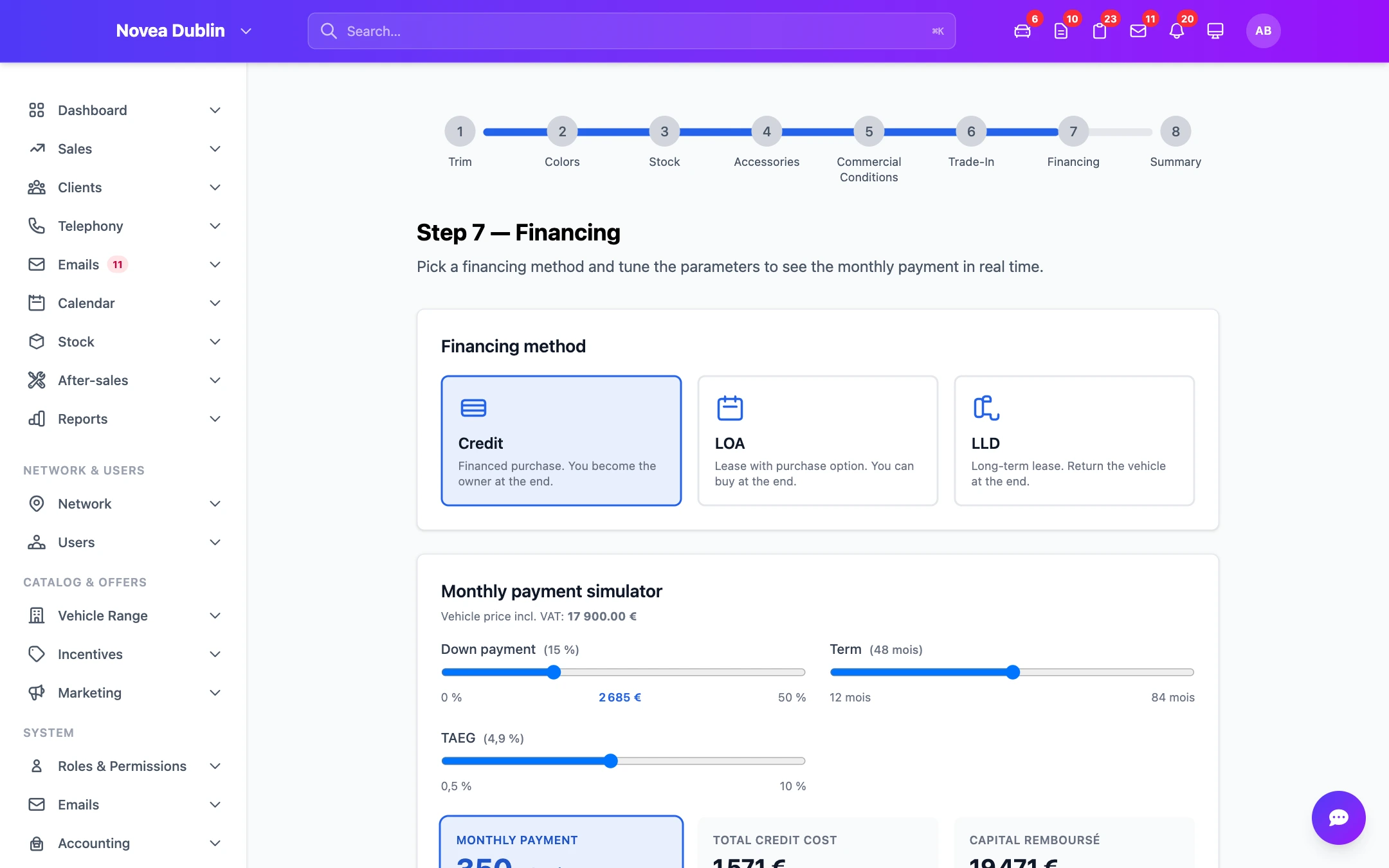 Step 7 — financing, with the monthly payment computed live.