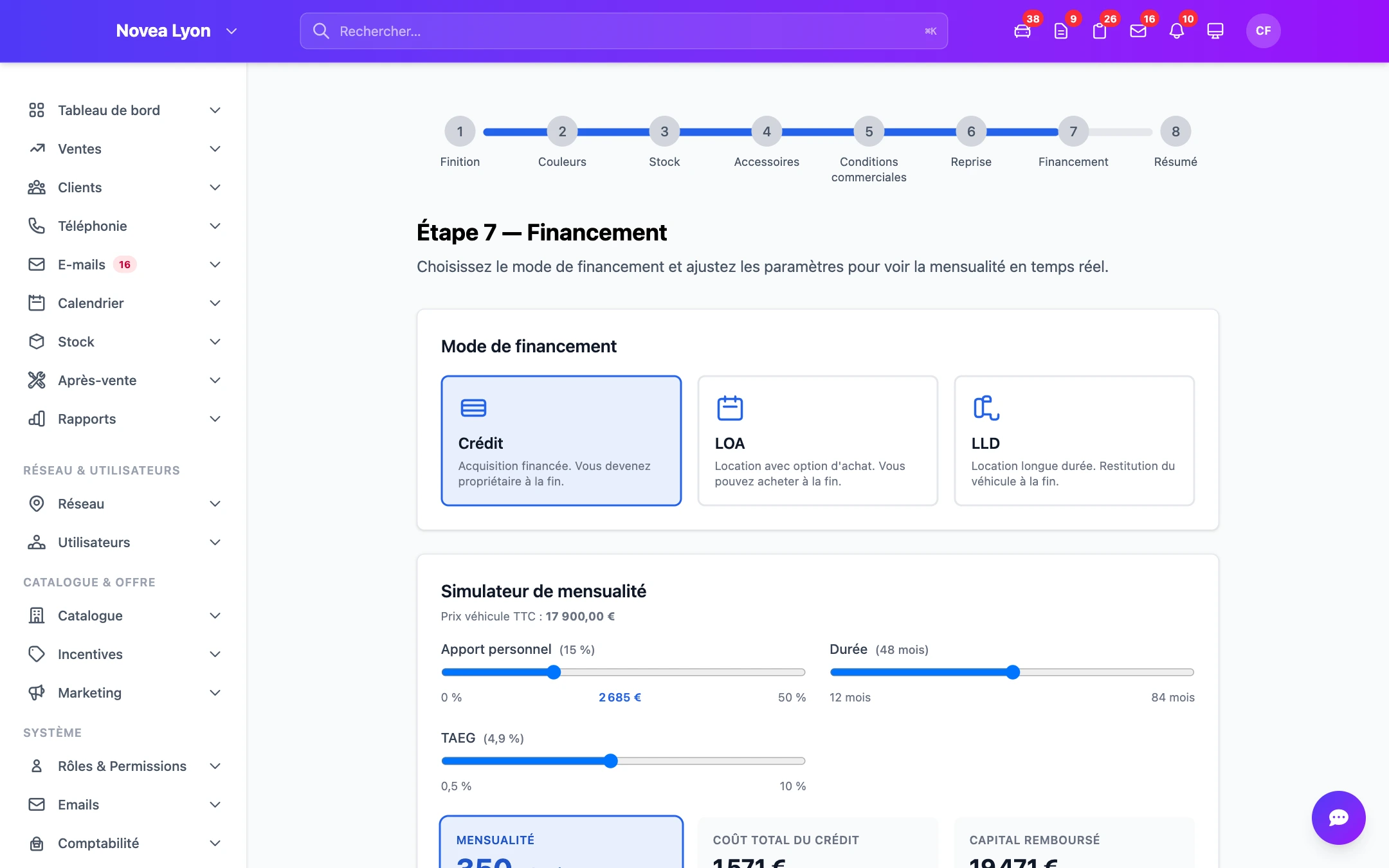 Étape 7 — le financement, mensualité calculée en temps réel.