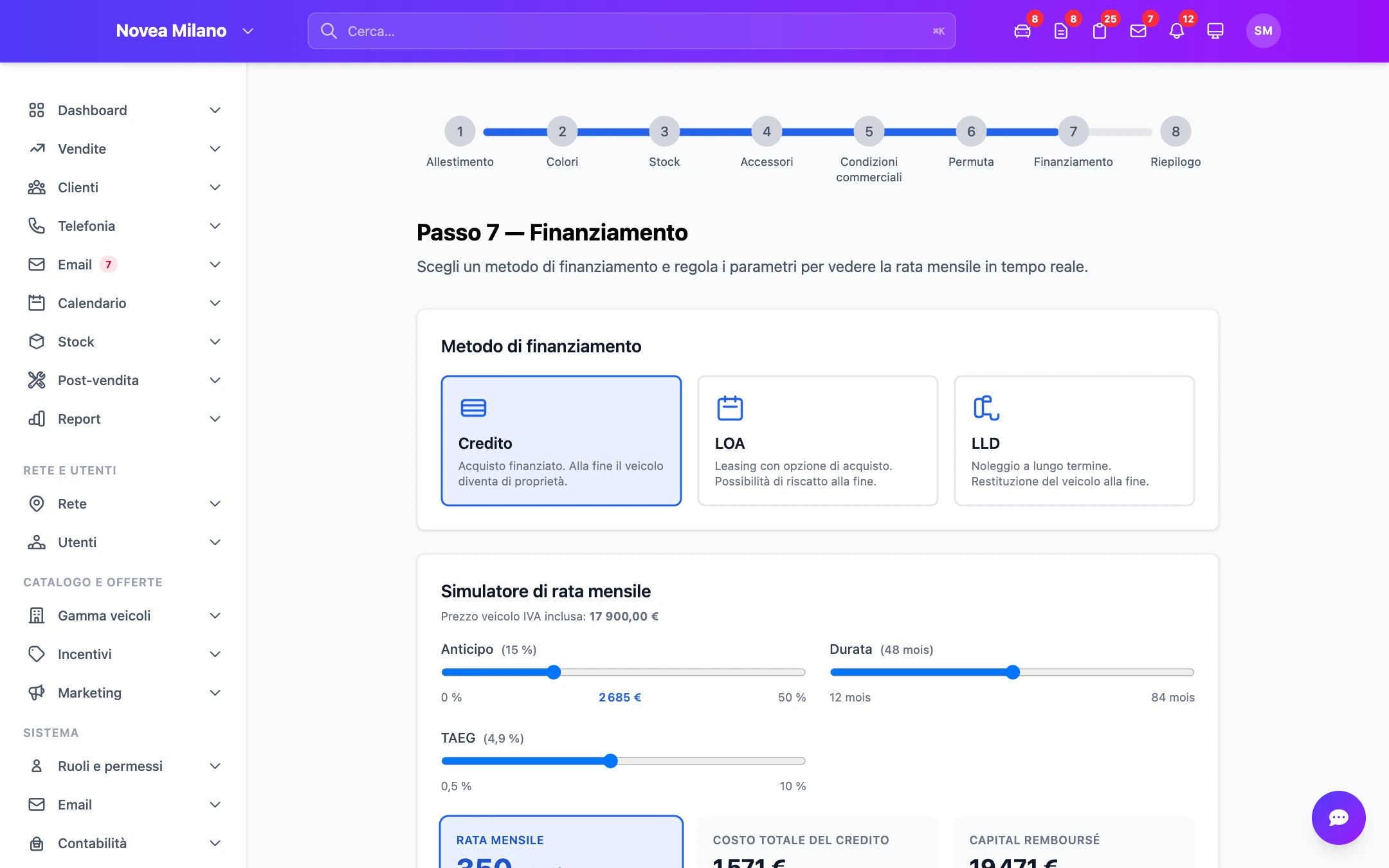 Passo 7 — il finanziamento, con la rata calcolata in tempo reale.