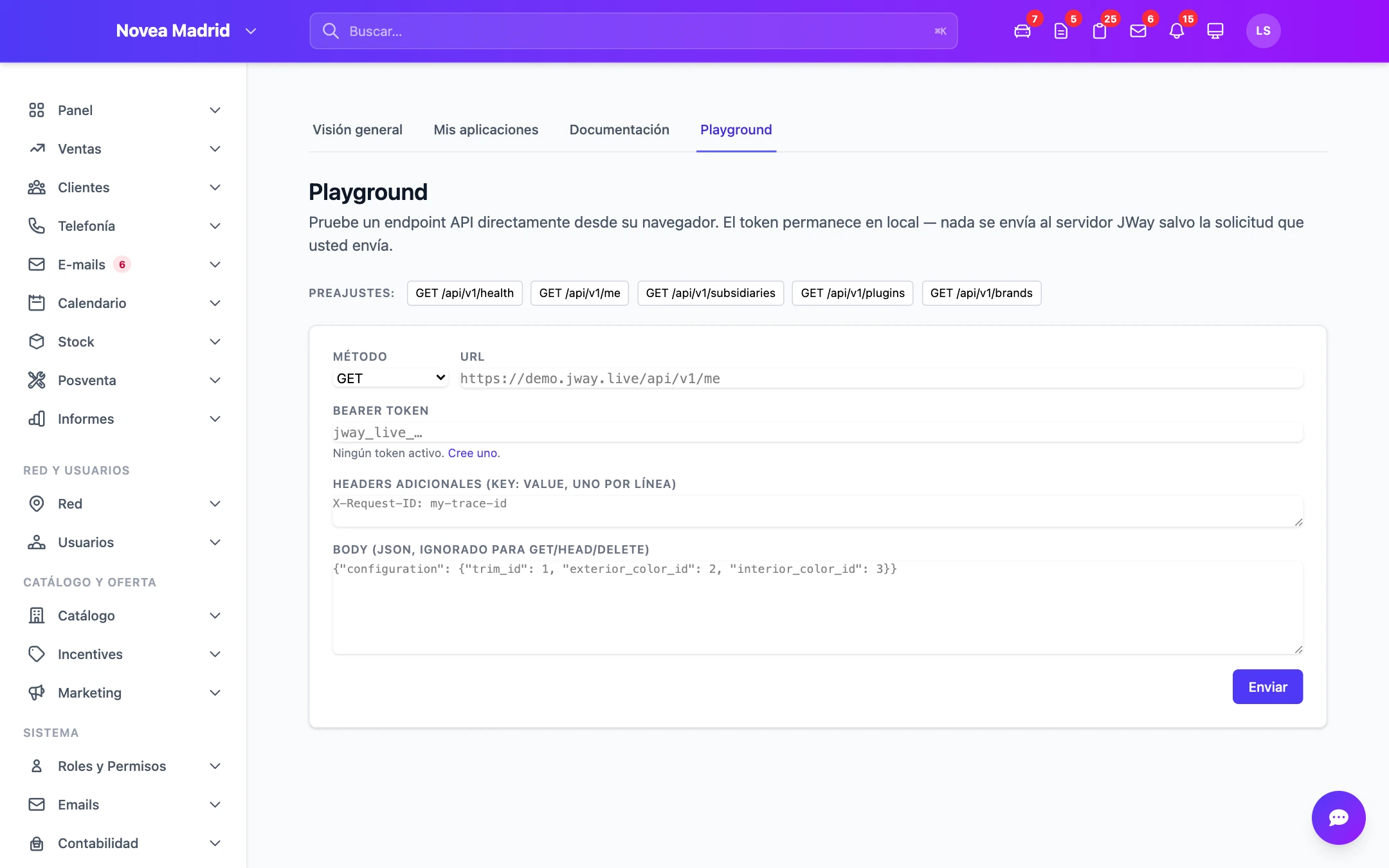 El sandbox para probar una llamada.