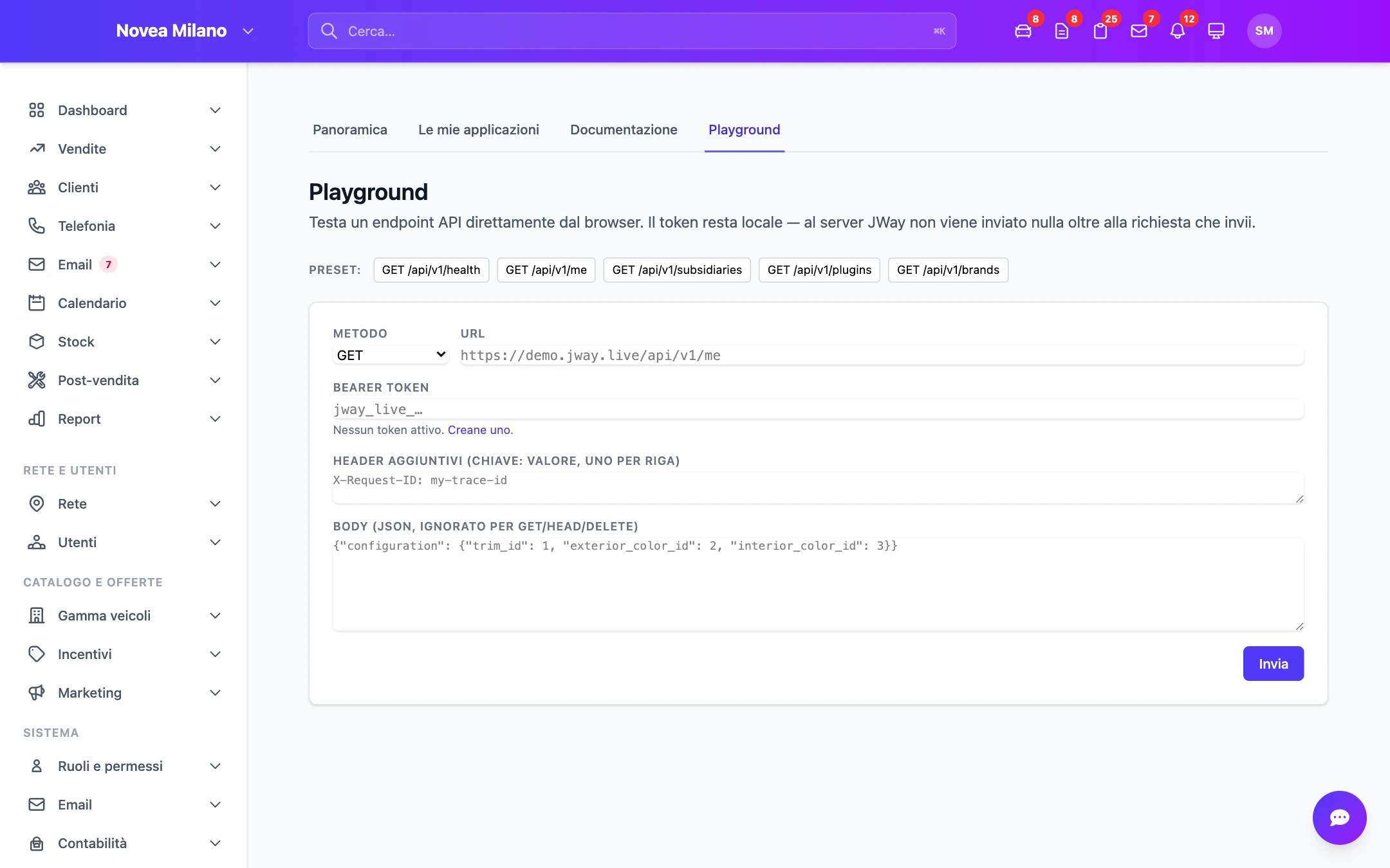 Il sandbox per provare una chiamata.