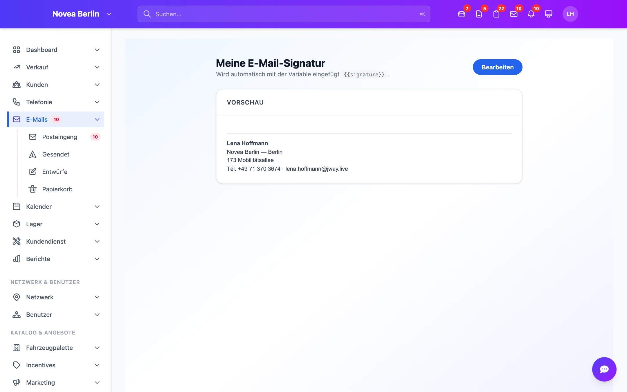 Die E-Mail-Signatur, je Händler lokalisiert.