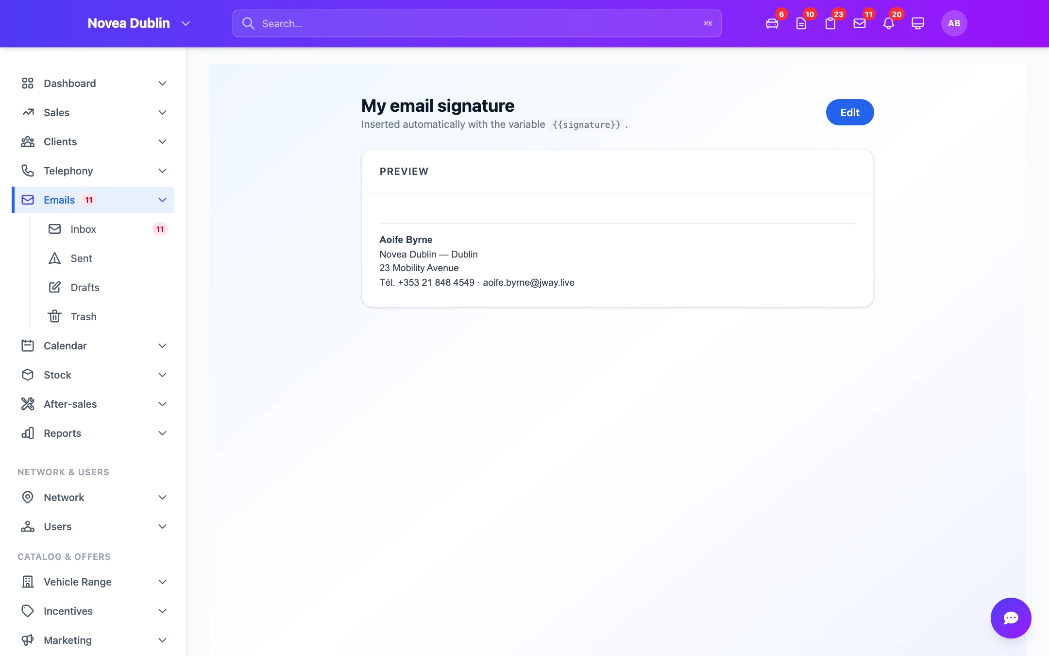 Email signatures, localised per dealer.