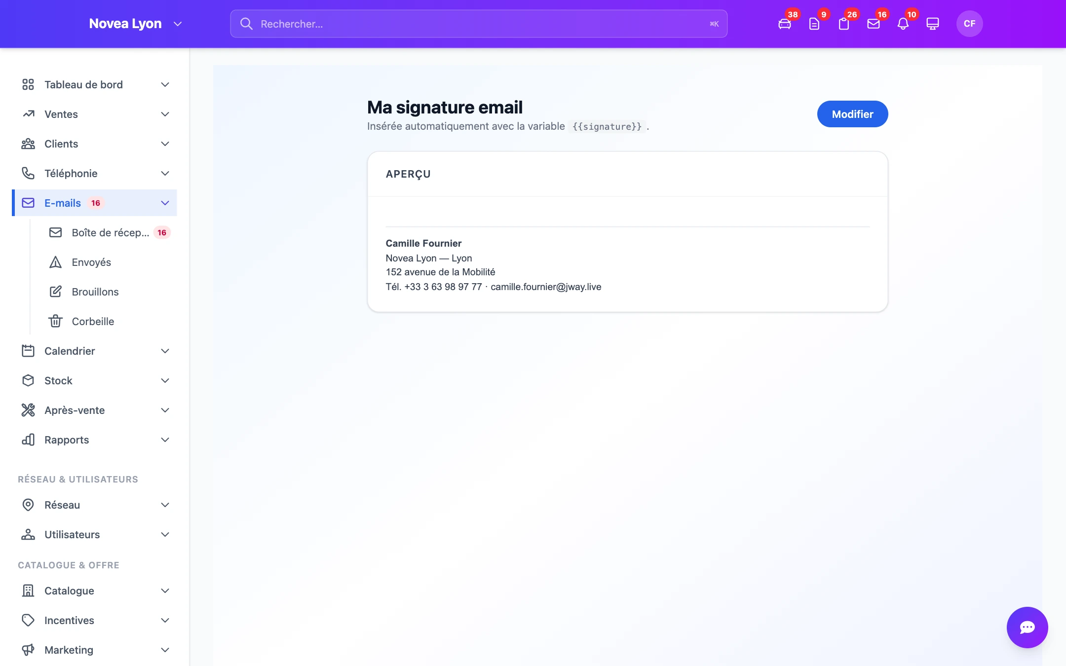 La signature d'e-mail, localisée par distributeur.