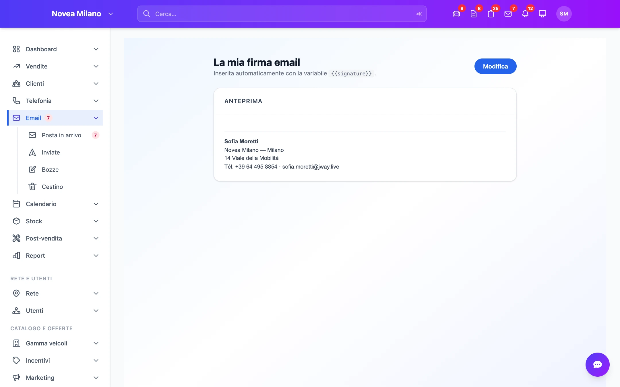 La firma e-mail, localizzata per concessionario.