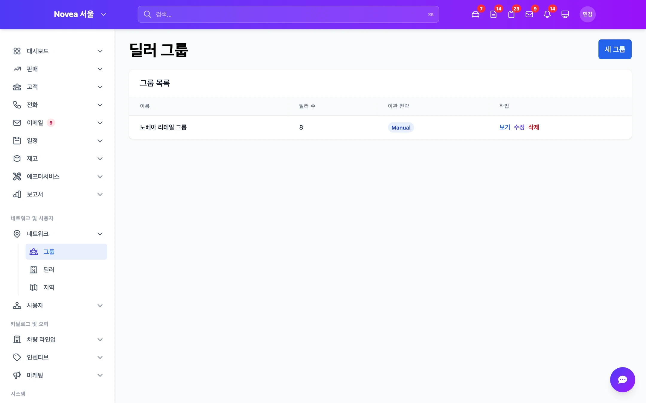딜러 그룹과 소속 지점.