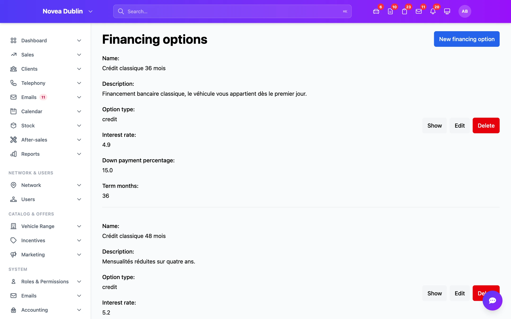 The financing options attached to the quote.