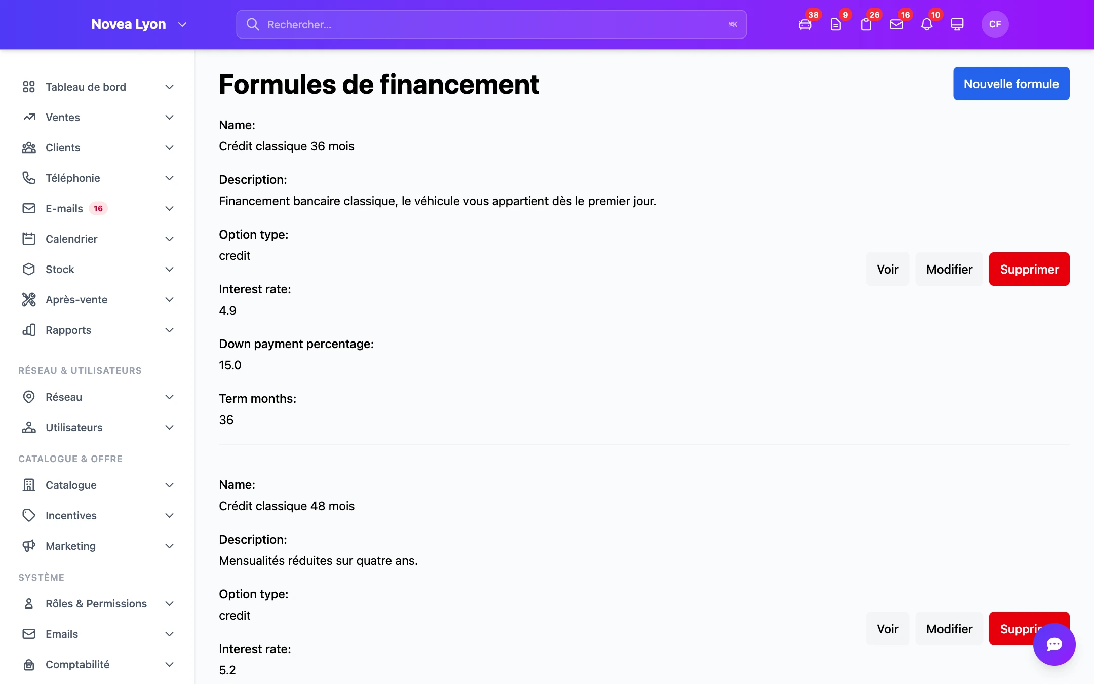 Les formules de financement rattachées à l'offre.