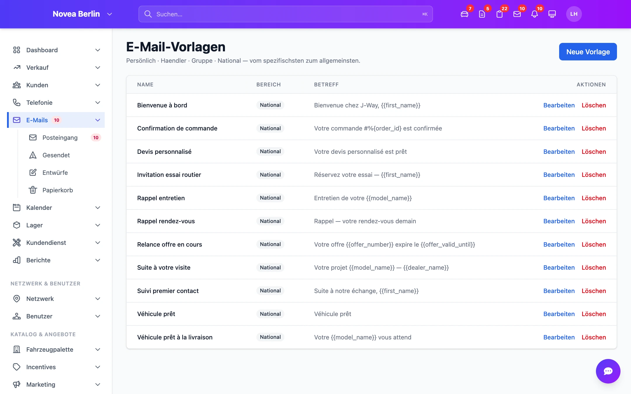 Die E-Mail-Vorlagen, bereit für den Versand an den Kunden.