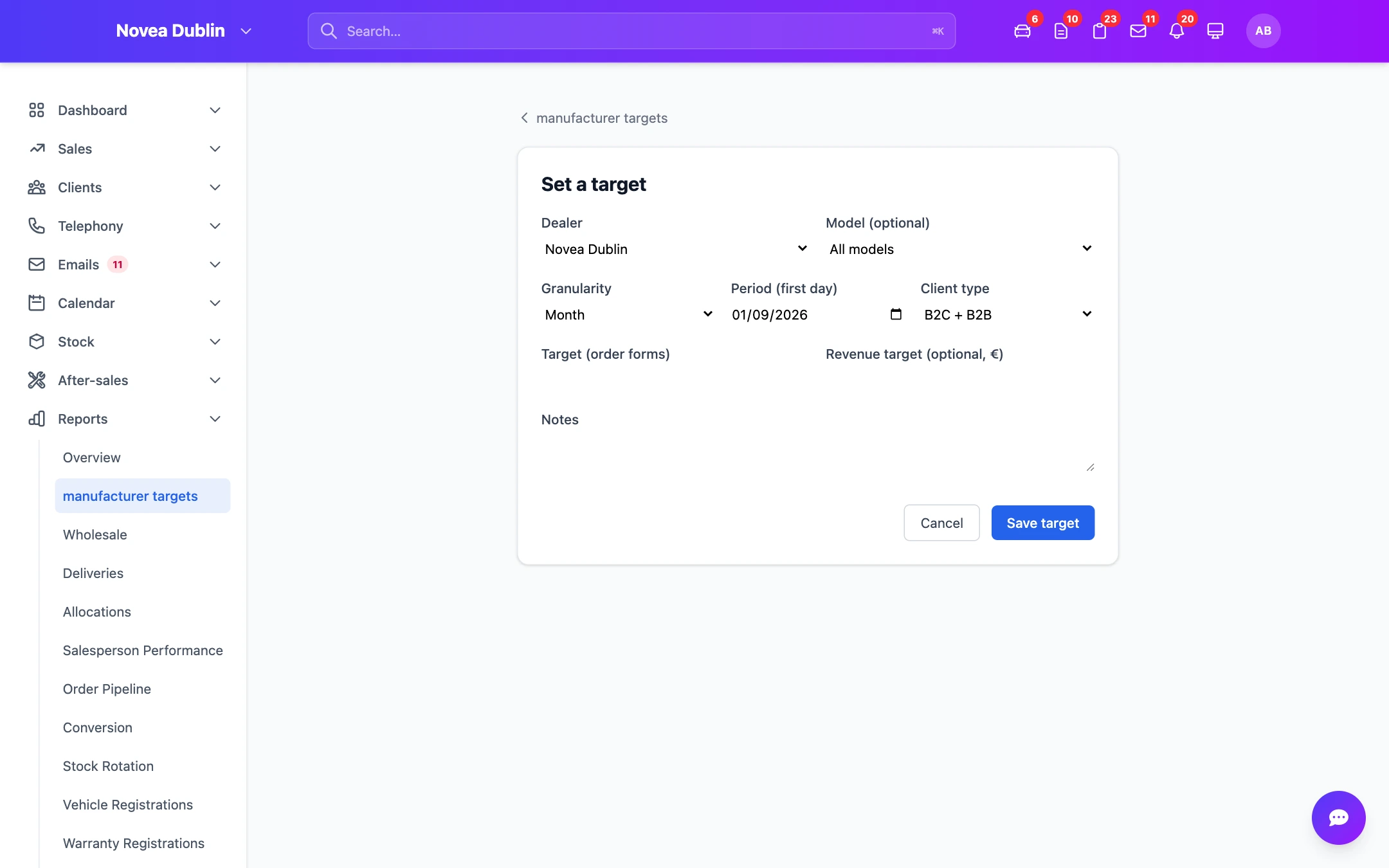 Setting a target by site and model.