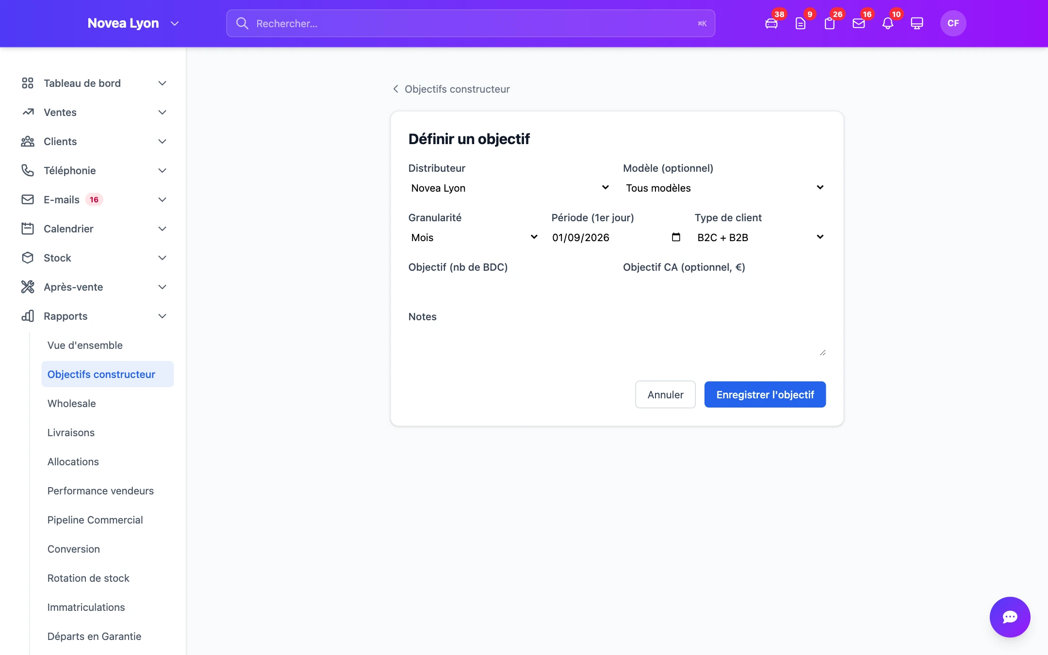 La définition d'un objectif par site et par modèle.