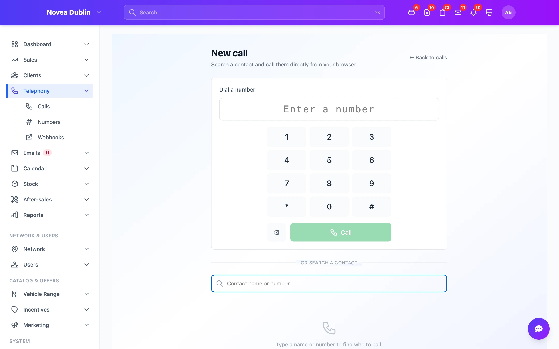 Placing a call from the customer record.