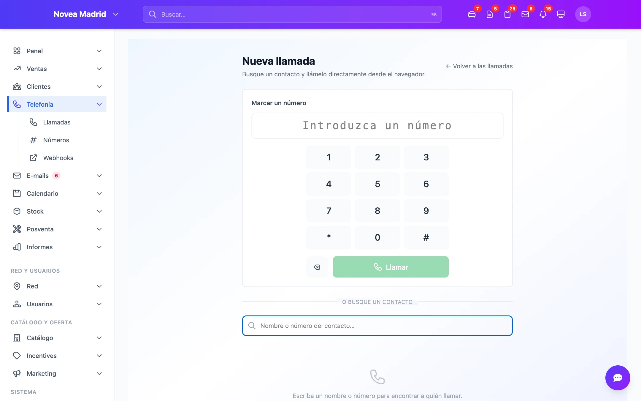 El inicio de una llamada desde el expediente del cliente.