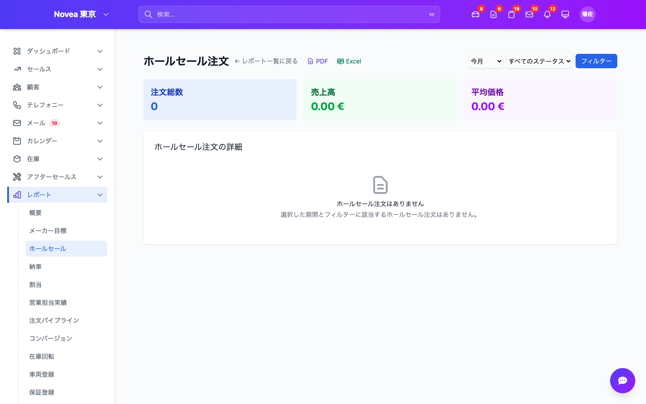 期間別・拠点別のホールセールレポート。
